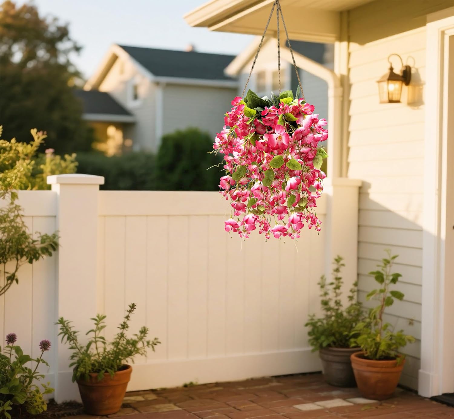 2 Pcs Fake Hibiscus Flowers for Outdoors Artificial Hanging Plants Realistic UV Resistant Silk Faux Hibiscus Flowers Trailing Vines Pink for Outside Porch Yard Decor - Image 6