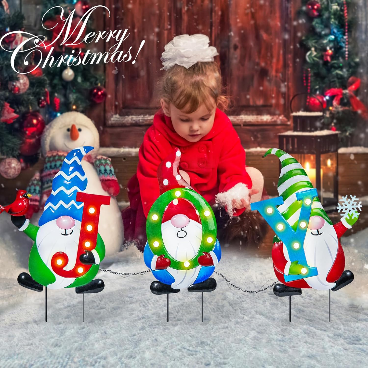 WONDER GARDEN Christmas Yard Stakes, 3 PCS Metal Yard Signs, Xmas Gnomes with Joy and Led Light Christmas Yard Decorations for Lawn Party Decorations