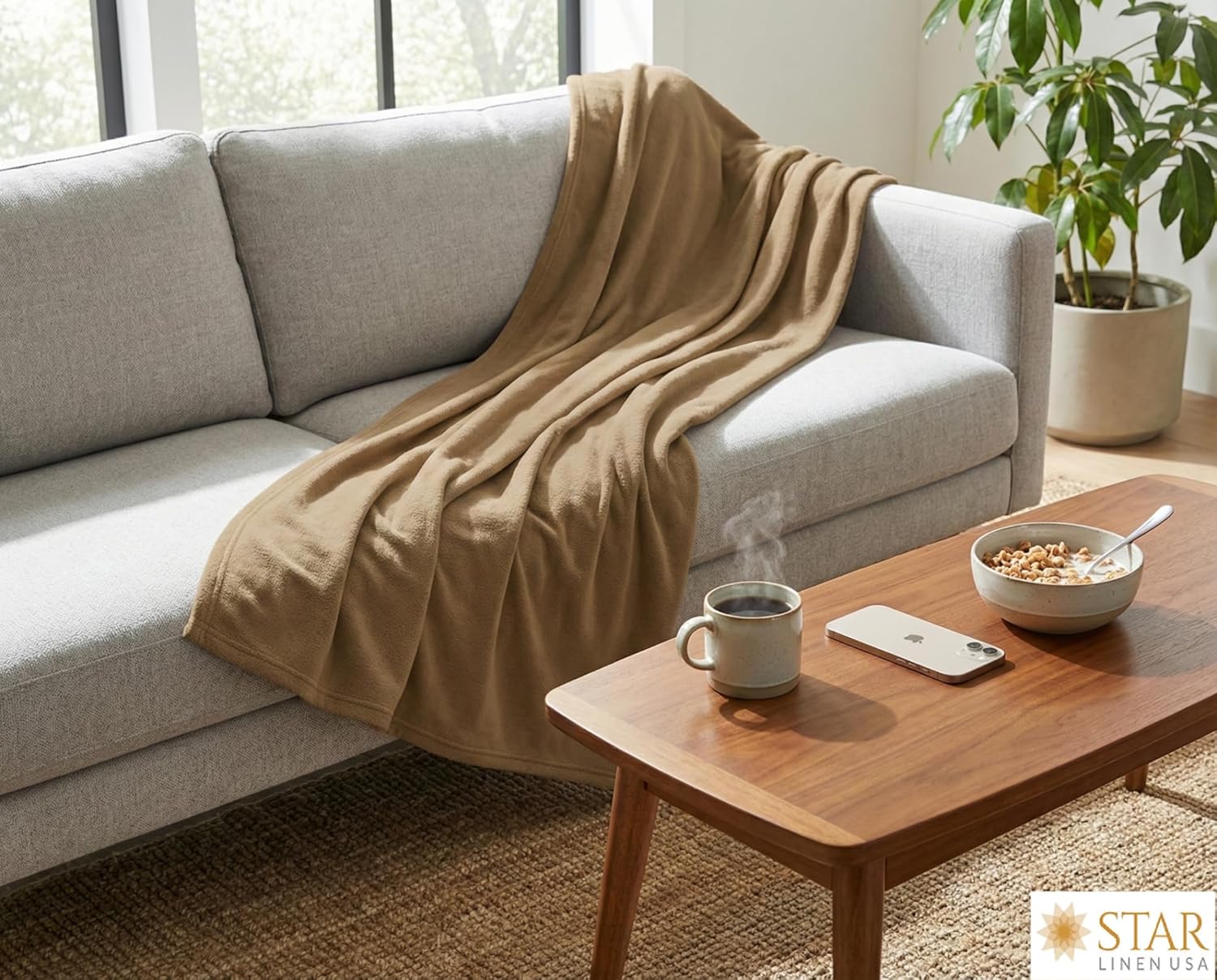 Serenity Fleece Blanket/Bed, Sofa, Couch Throw King Size - 100% Spun Polyester 320 GSM - Anti-Pill - Super Soft, Warm & Cozy 108 Inch x 90 Inch - Tan