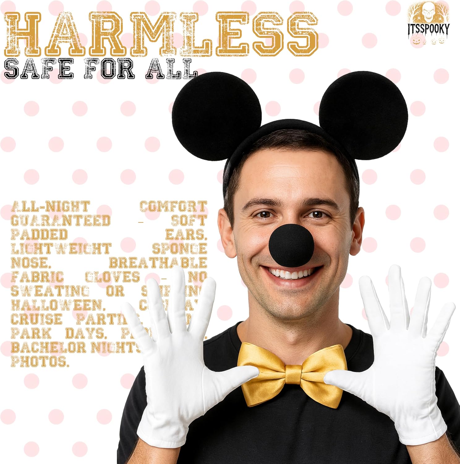Men's Classic Mouse Costume Accessory Kit, Black Ears Headband, Sponge Nose, Gold Bow Tie and White Gloves Costume Set for Adult Halloween Theme Party Cosplay Birthday Parties