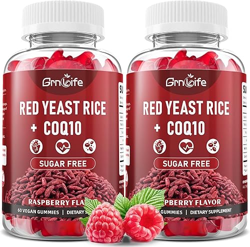 Paquete de 2 arroz de levadura roja con gomitas Coq10, suplemento de arroz de levadura roja, sin azúcar, sabor a frambuesa, 120
