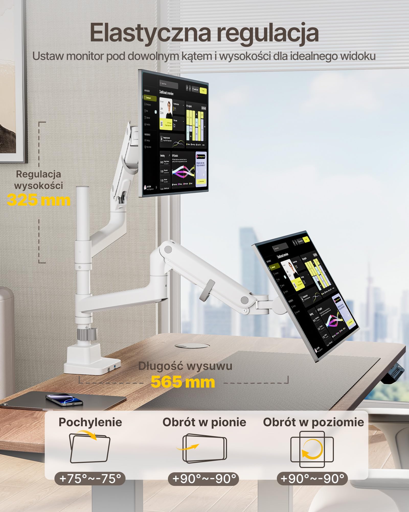 monTEK Podwójne Ramię do Monitora z USB 17-57", do 27 kg
