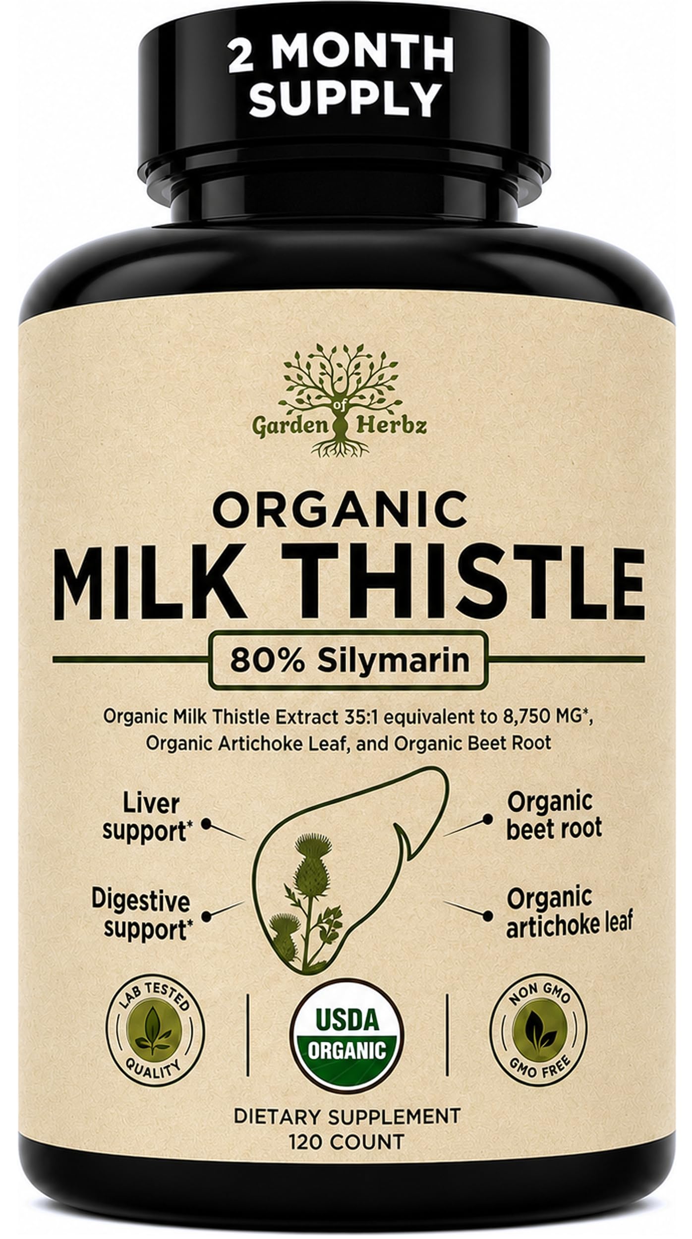 USDA Organic Milk Thistle Supplement Capsules - Liver Detox, 120 Count