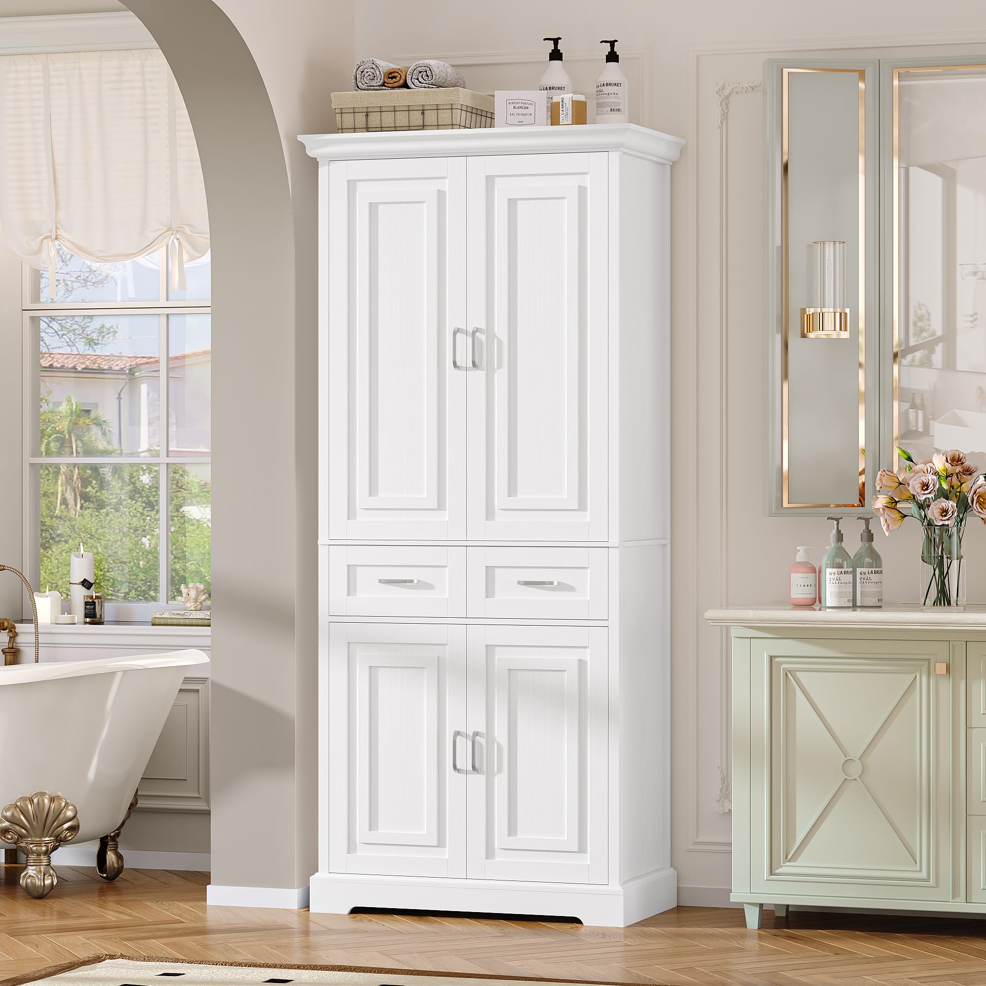 FirFurd Armario Alacena De Cocina 180x100x39 Cm | Con LED Regulable Por Bluetooth | Botellero 12 Botellas | Encimera Y 1 Cajón | Blanco Y Elegante