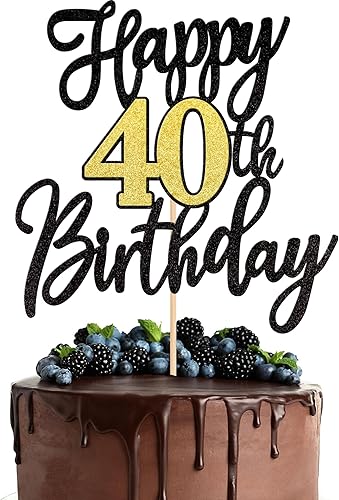 1 pieza de decoración de pastel de cumpleaños 40 negro dorado con purpurina para cumpleaños de 40 años, selección de pastel de 40 años, decoración