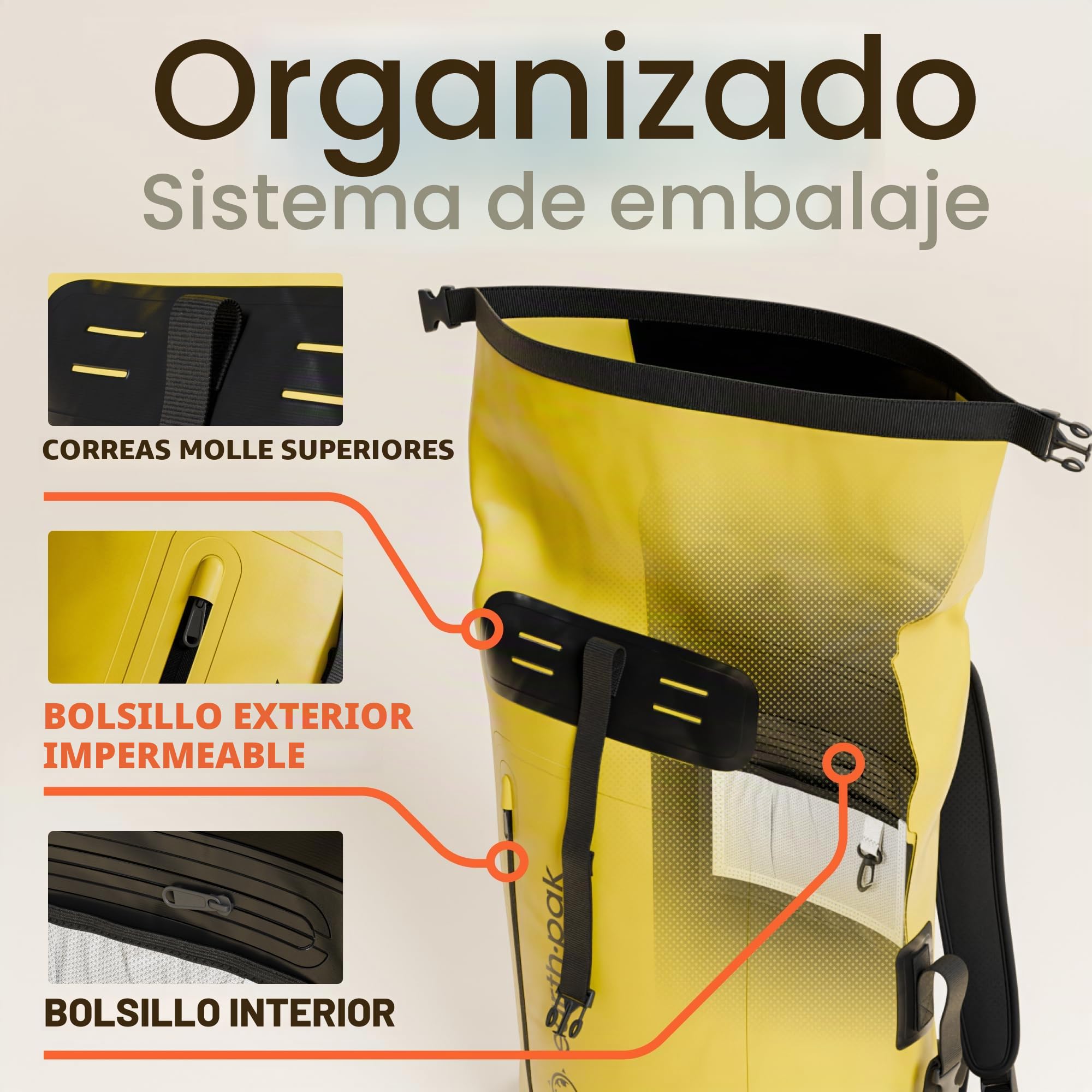 Earth Pak Mochila impermeable con cierre enrollable, bolsillo frontal, panel trasero acolchado y funda para teléfono