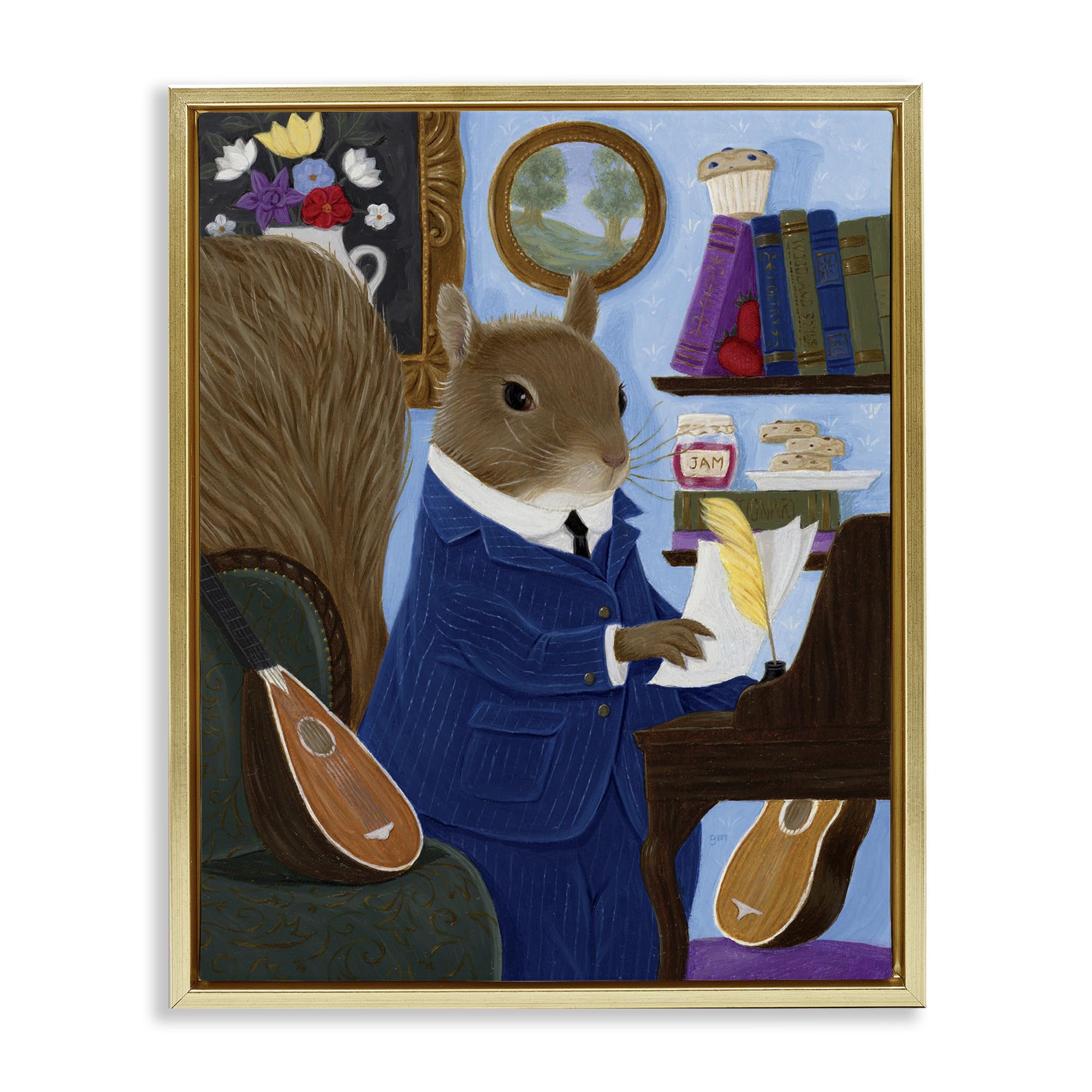 Stupell Industries 'Gentleman Squirrel Composing', Floating Frame Canvas Art, Gold, 25 x 31 Inches, Easy to Hang and Sturdy, Made in USA, by Gina Matarazzo