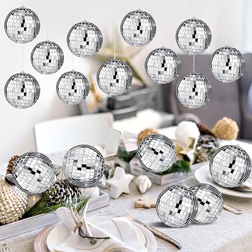 Miniatura 7 de Paquete de 17 bolas de discoteca grandes para colgar, bola de discoteca pequeña, espejo de bola de discoteca, decoraciones para fiestas, bodas,