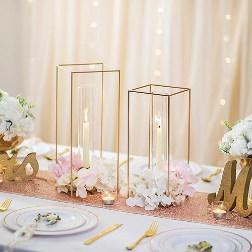 Miniatura 3 de Sziqiqi Portavelas de huracán para candelabros candelabros dorados para centros de mesa, decoración de mesa - Juego de 2 candelabros geométricos de