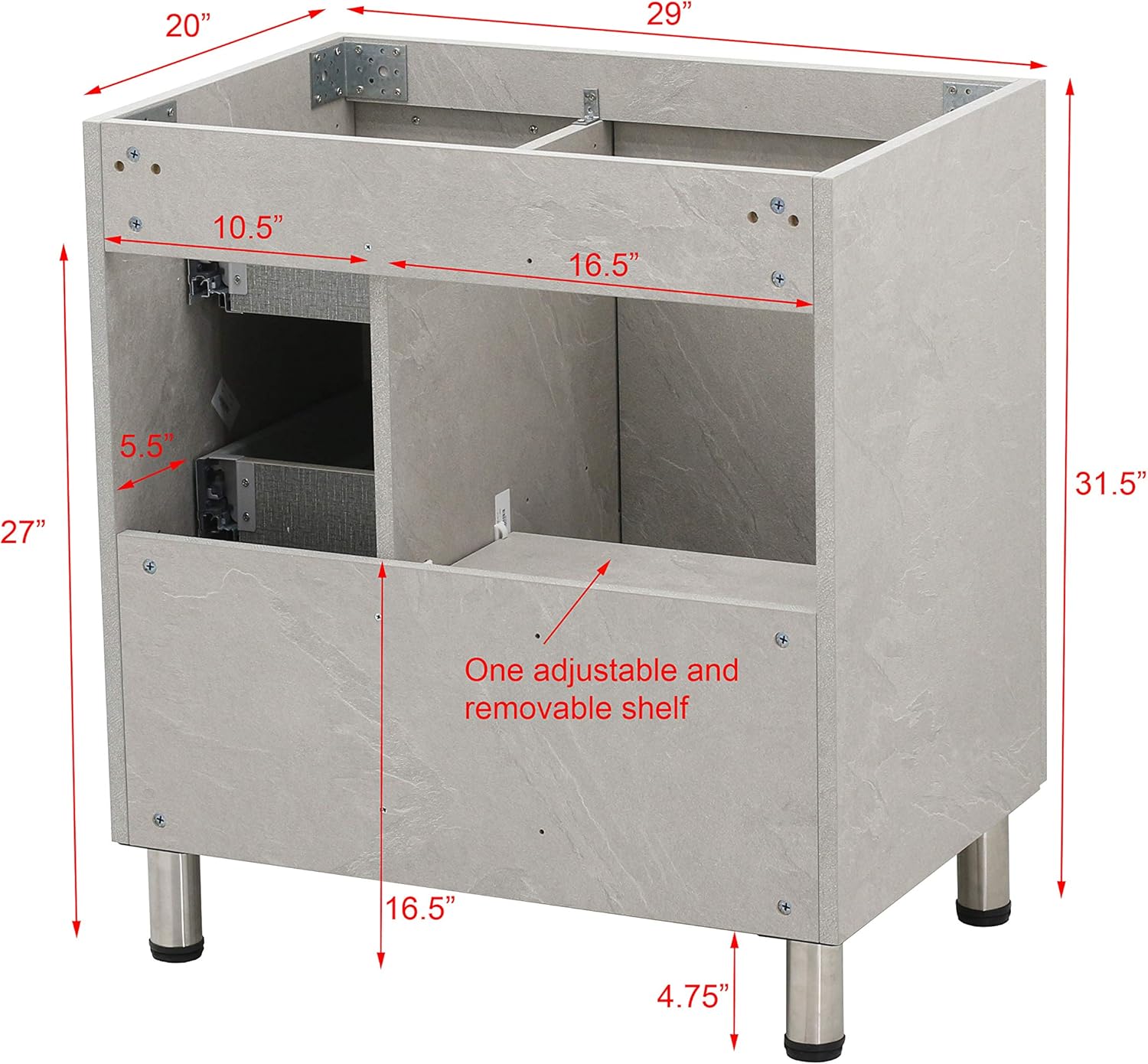 30" Freestanding Bathroom Vanity, Light Slate Grey. White Flat Stone Countertop