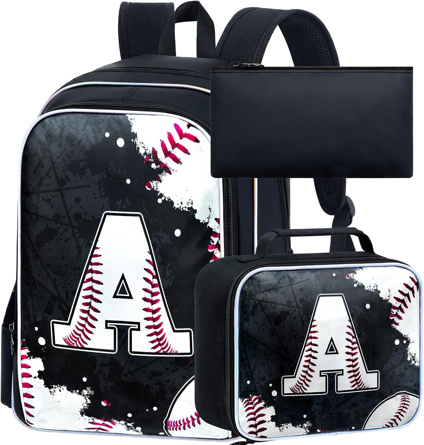 AGSDON 3PCS Baseball Backpack for Boys, 17" Kids Bookbag Water Resistant and Lightweight with Lunch Box for Teen