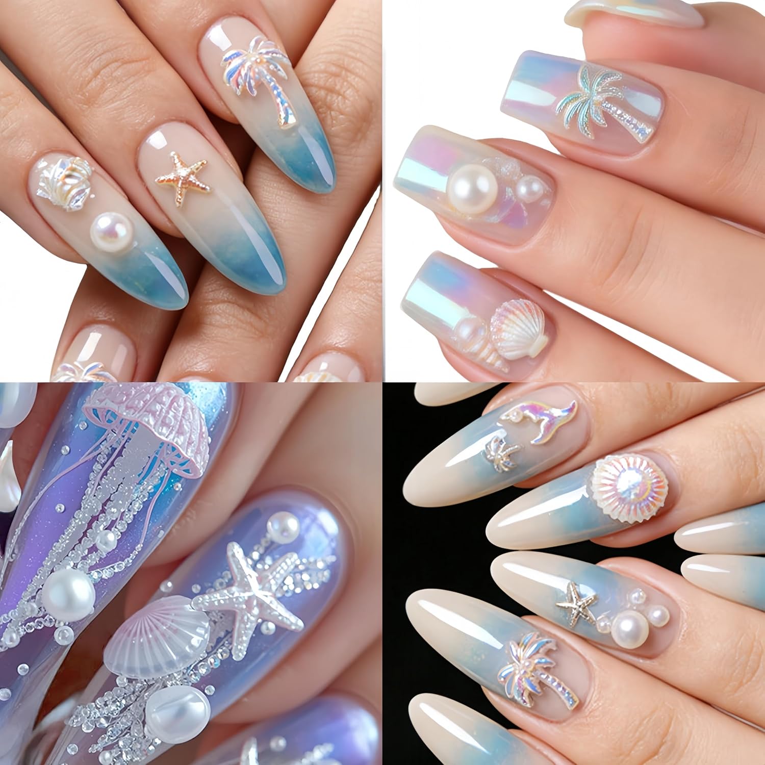 2Boxes Aurora Ocean Nail Gems Charms 3D Resin Laser Blue Pink Mermaid Palm Tree Seashell Starfish Summer Charms for Acrylic Nails Art Alloy Nail Rhinestones Nail Jewelry for Women DIY Accessories