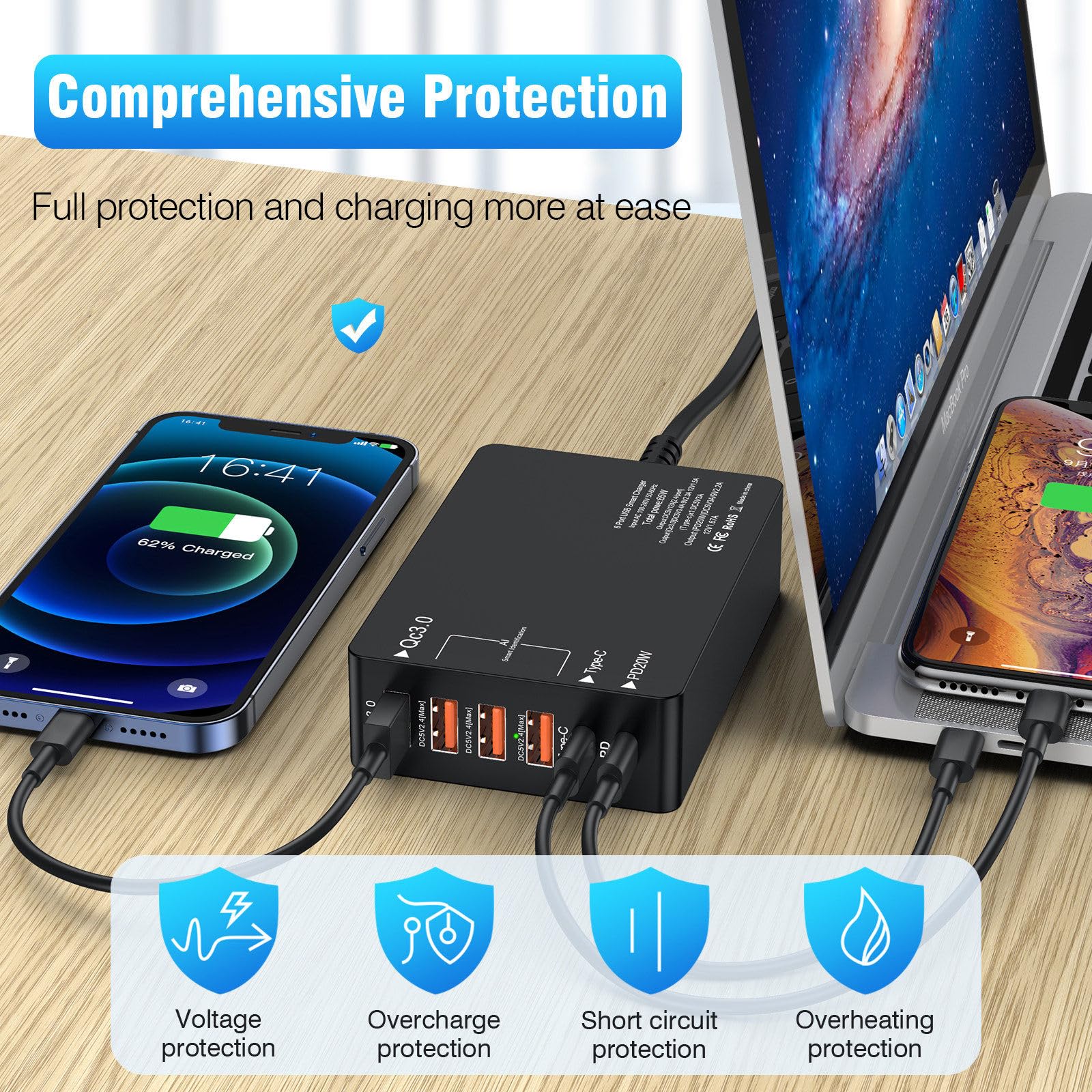 Cargador multipuerto de 65 W Cabezal de carga tipo C Cabezal de carga de teléfono móvil USB de 6 puertos Cargador multipuerto