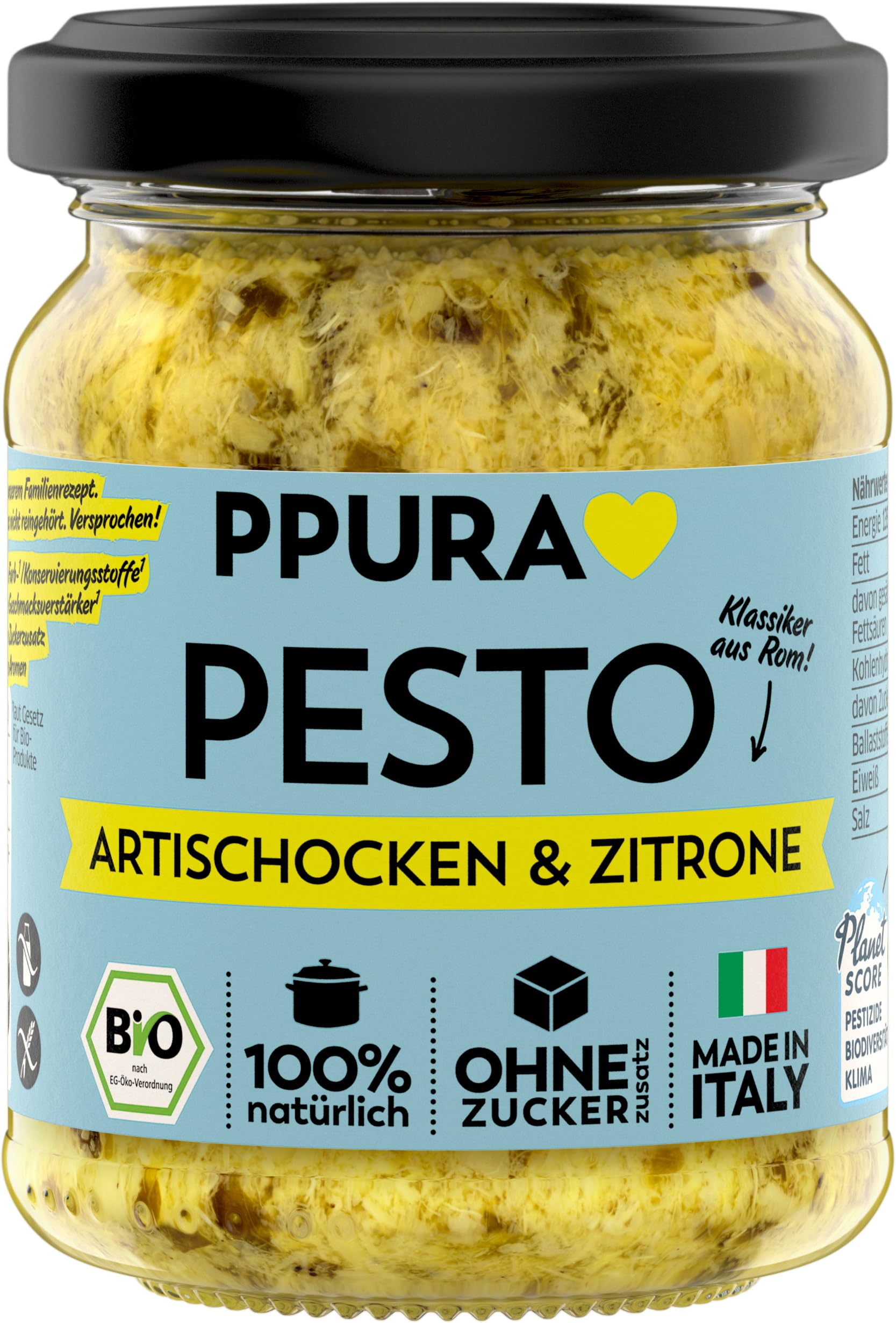 PPURA Bio Pesto Artischocken & Zitrone | Vegane Pasta-Sauce mit Artischocken, Sizilianischer Zitrone & Nat. Olivenöl Extra | Made in Italy | 100% Natürlich Ohne Zusatzstoffe | Glutenfrei | 120g Glas