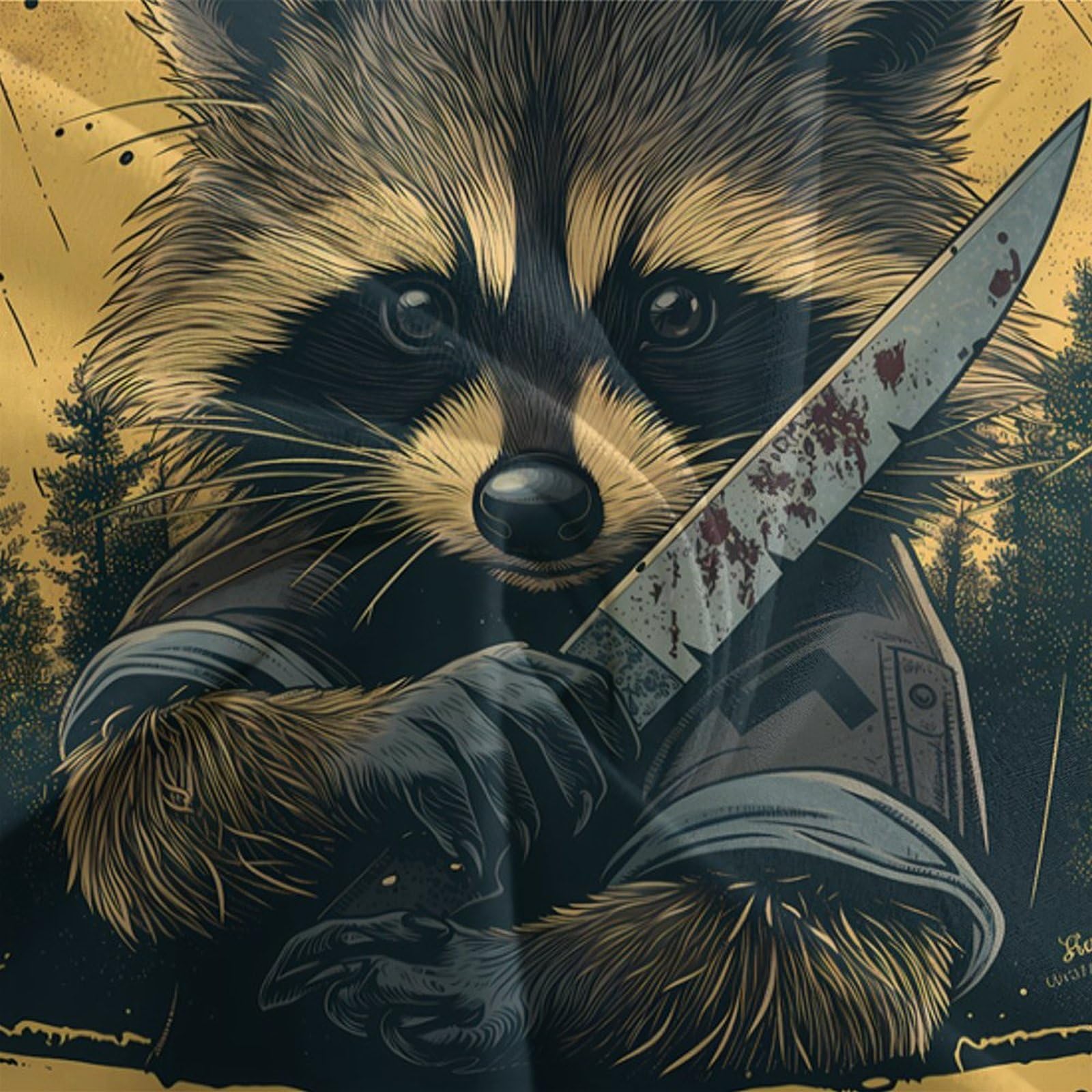 Raccoon mit Messer 3-teiliges Pflegeleichtes Polyester Wildes Tier Art Style Bettbezugset, 2 Kissenbezug, Unsichtbarer Reißverschluss, Für Erwachsene, Babysicher King（220x240cm）