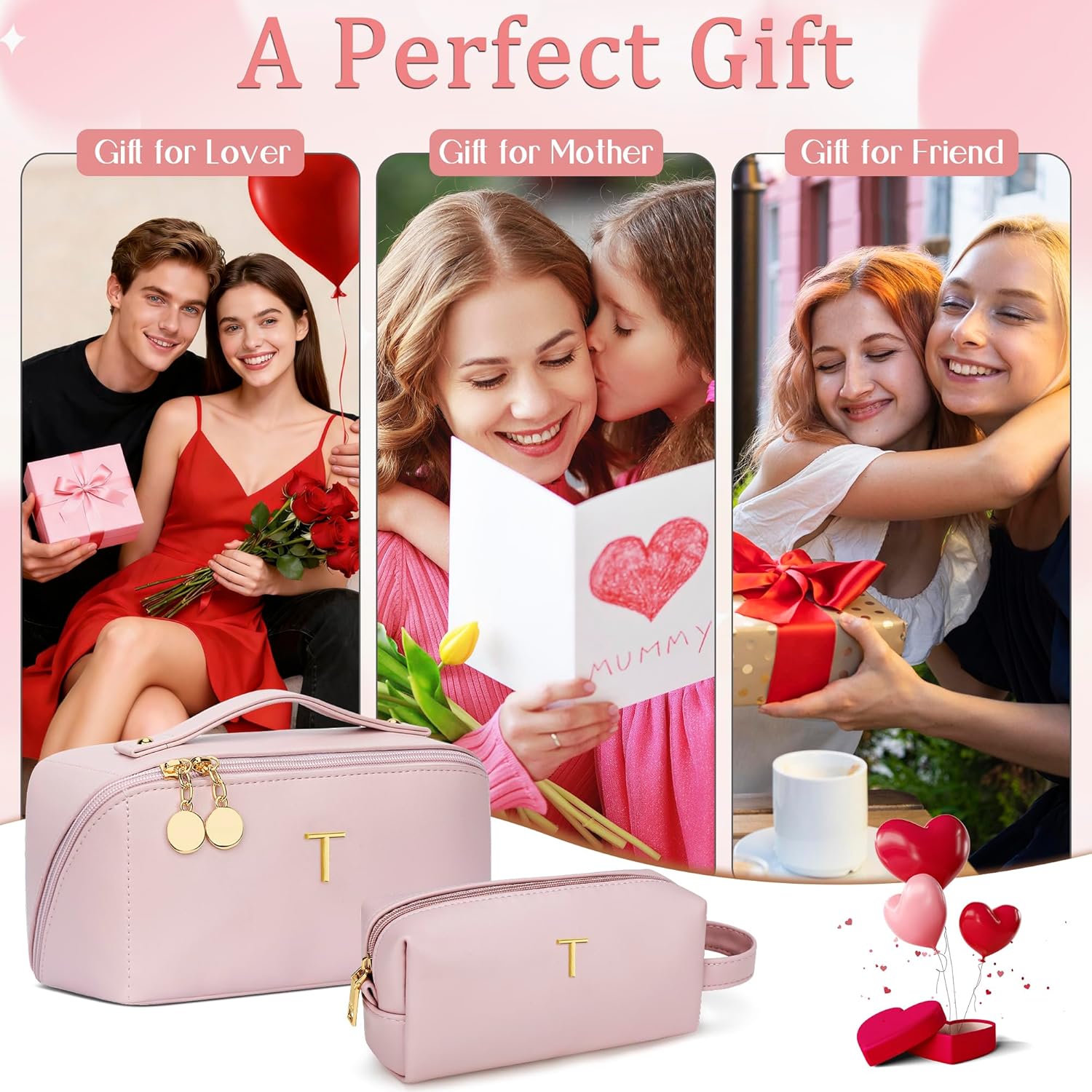 KKXIU Initial Makeup Bag for Women - Personalized Makeup Bag Gifts for Women, Travel Toiletry Bag with PU Leather, Open Flat Design with Top Handle, Cosmetic Bag Set with Multi-Pocket (Pink,T)