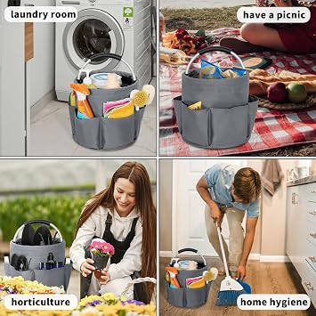 Cleaning Caddy Organizer with Handle Foldable Cleaning Bucket Organizer Cleaning Caddy Bag Cleaning Tool Bucket Multi-pocket Tool Bag for Cleaners & Housekeepers,Grey
