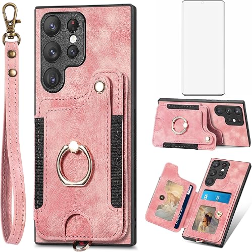 Funda de teléfono para Samsung Galaxy S22 Ultra 5G, funda tipo cartera con protector de pantalla y correa para la muñeca, cordón RFID, soporte para