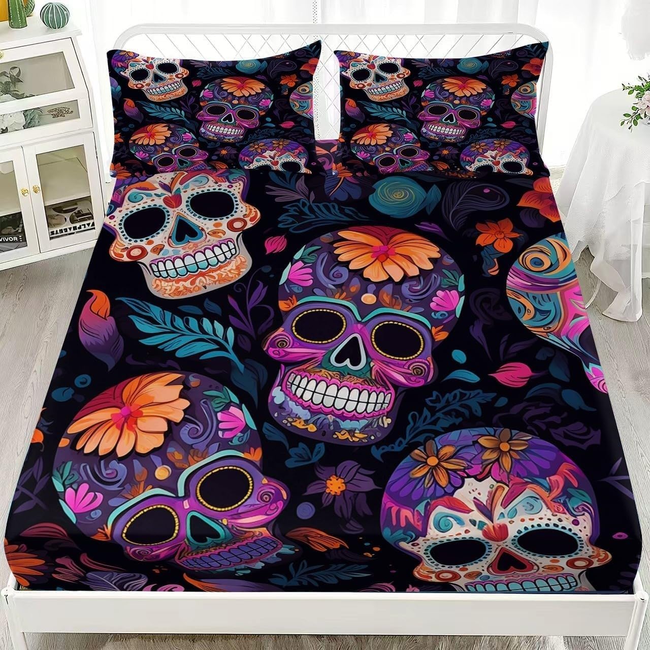 Floral Skull Small Double Fitted Sheet Gothic Bed Sheets Deep Pocket 12 inch (30 cm) Soft Cozy 3 Piece Microfibre Bed Sheet 120x190 cm with 2 Pillowcases 50x75 cm