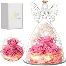 Mothers Day Rose Gifts for Women Preserved Real Flower in Glass Angel Figurines Roses for Delivery Prime Birthday Gifts for Mom Grandma Girlfriend Wife Her, Sweet Pink