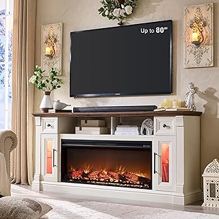 OKD Fireplace TV Stand for 80 Inch TV - Farmhouse Entertainment Center with 42" Electric Fireplace & LED Lights, Wood Media Console with Storage Drawers & Cabinets for Living Room, Antique White