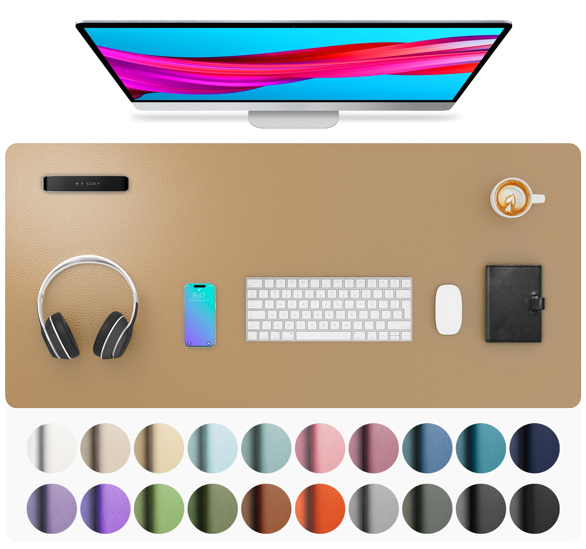 Aothia Faux Leather Desk Mat for Keyboard &amp; Mouse (Khaki, 36" x 17")