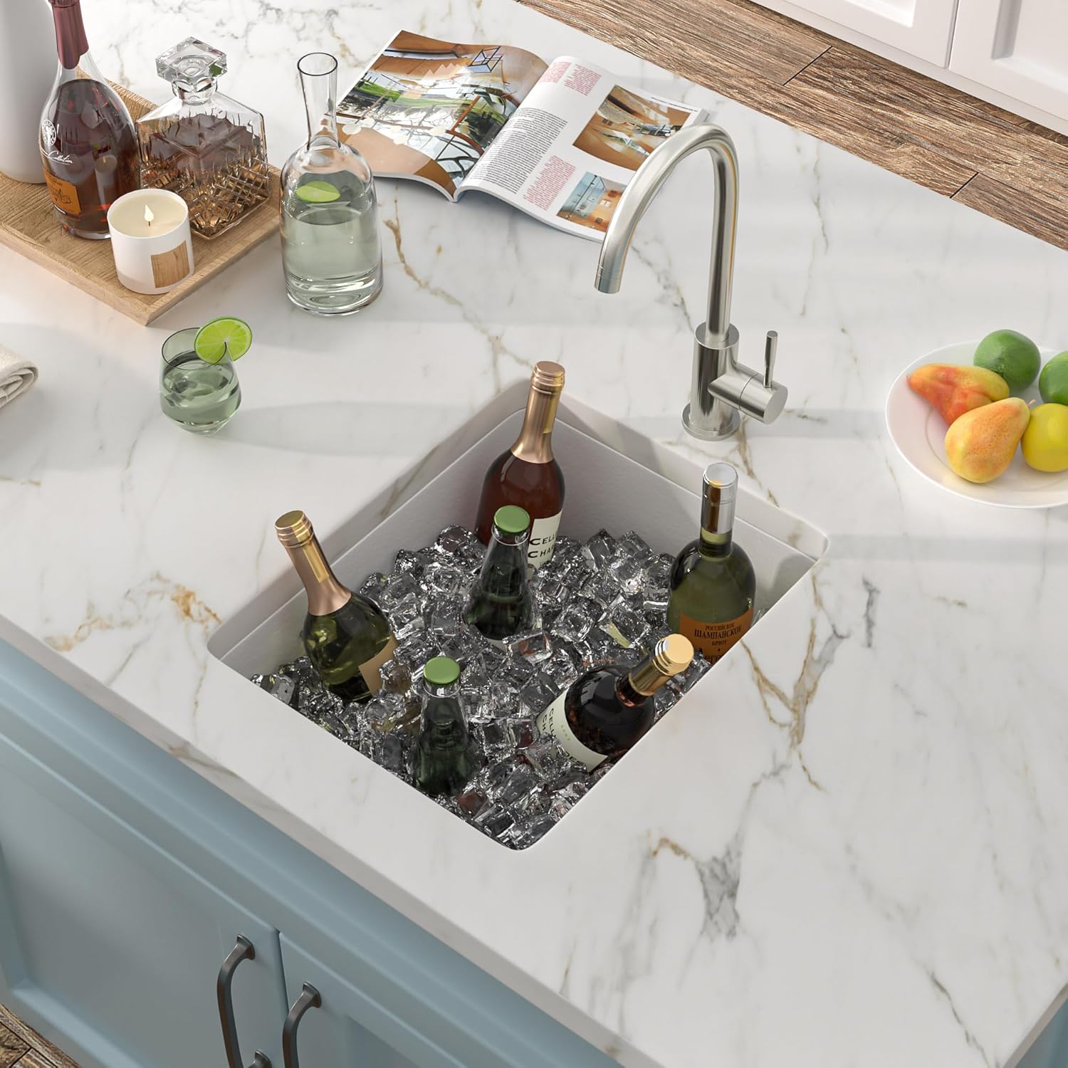 15"x18" Undermount Bar Prep Sink – White Granite Composite Quartz Classic Under Counter Single Bowl Sink Basin for Wet Bar, RV, Small Kitchen, Mobile Home