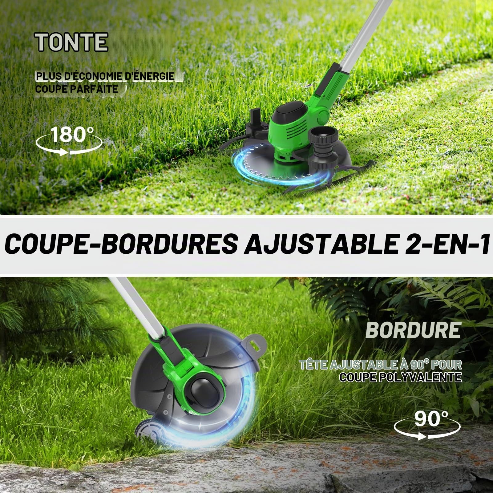 Coupe Bordure sans Fil avec Batterie, 21V Coupe Bordure Batterie avec 3 Types de Lames et 2 Batteries 3.0 Ah, Débroussailleuse à Batteries pour Tondre Les Pelouses du Jardin Pelouse Ferme (Vert)