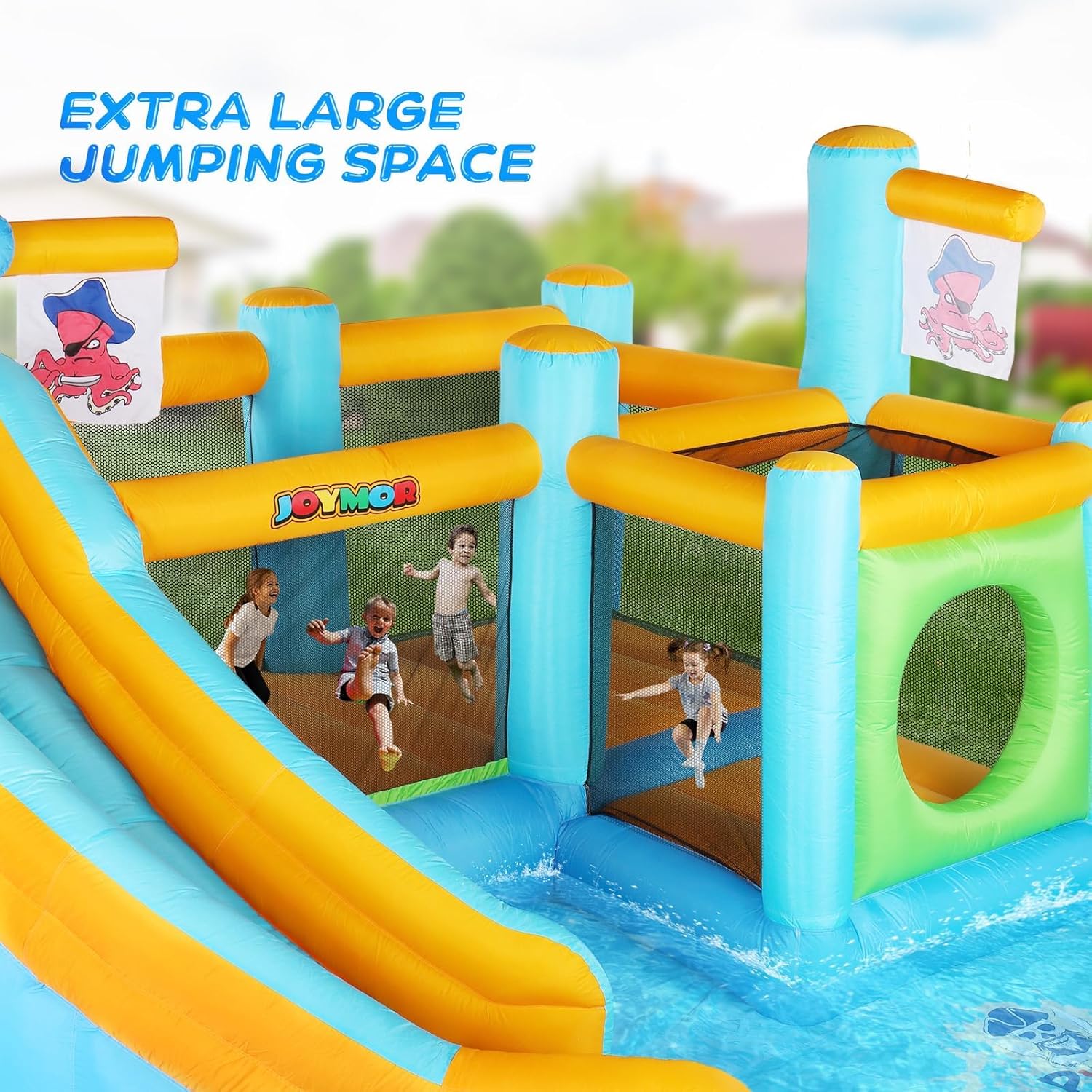 JOYMOR Inflatable Water Slide 14x13x8FT with 2 Bounce Areas, Blower, Obstacle Course, Water Cannon, Splash Pool, Outdoor Water Slide & Bounce Combo, Blow Up Water Park (Pirate Theme)