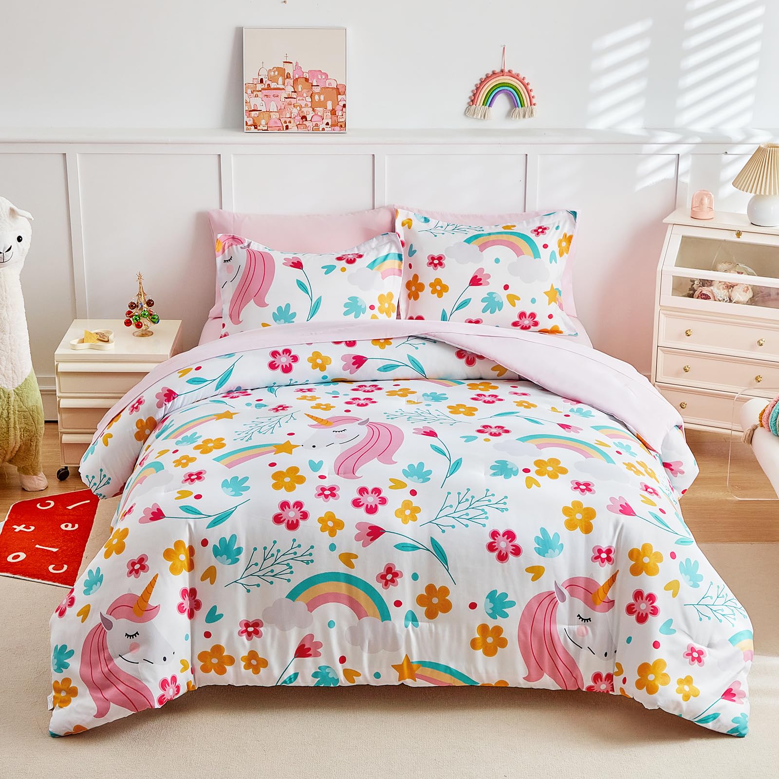 Girls Bed in a Bag Full Size White Unicorn Comforter Set with Rainbow Flower - Soft 6 Pcs Pink Bedding Set (1 Comforter 2 Pillow Shams 1 Flat Sheet 1 Fitted Sheet 2 Pillowcases)