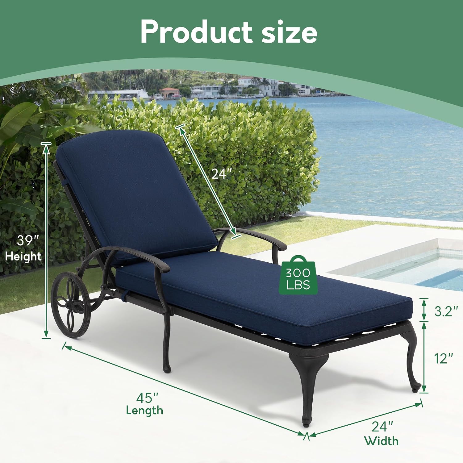 Chaise Lounge Chair Outdoor- Patio Pool Chairs Tanning Lounges for Outside Beach Lounger Cast Aluminum Set of 2 Reclining Navy Blue with Side Table