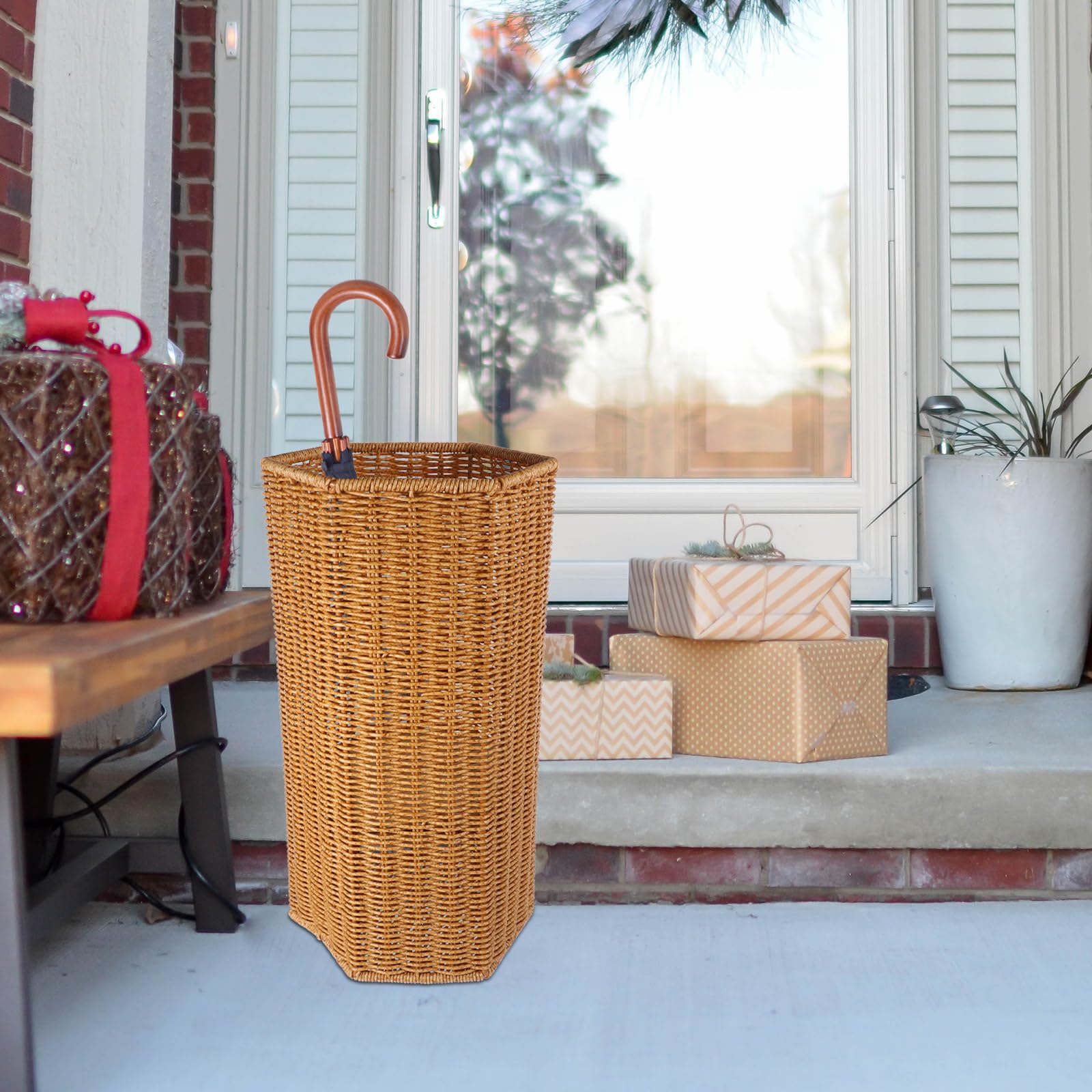 Portaombrelli in Rattan Artificiale 15.55X7.87X7.48In Supporto Ombrello Per Ingresso Casa Ufficio Contenitore Versatile Per Ombrelli Lunghi Pieghevoli E Tappetini Yoga