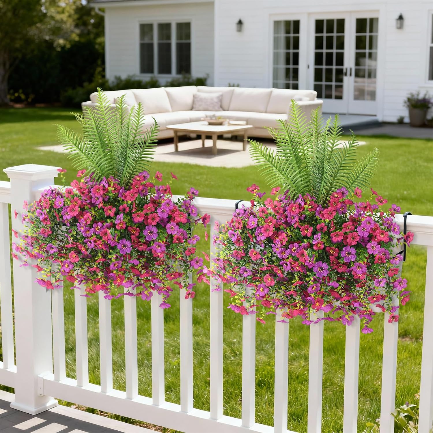 INQCMY Artificial Fake Hanging Flowers with Fake Fern for Outdoors UV Resistant Artificial Plants Spring Decor Look Real Faux Flowers for Outside Home Planter Porch Patio Decor