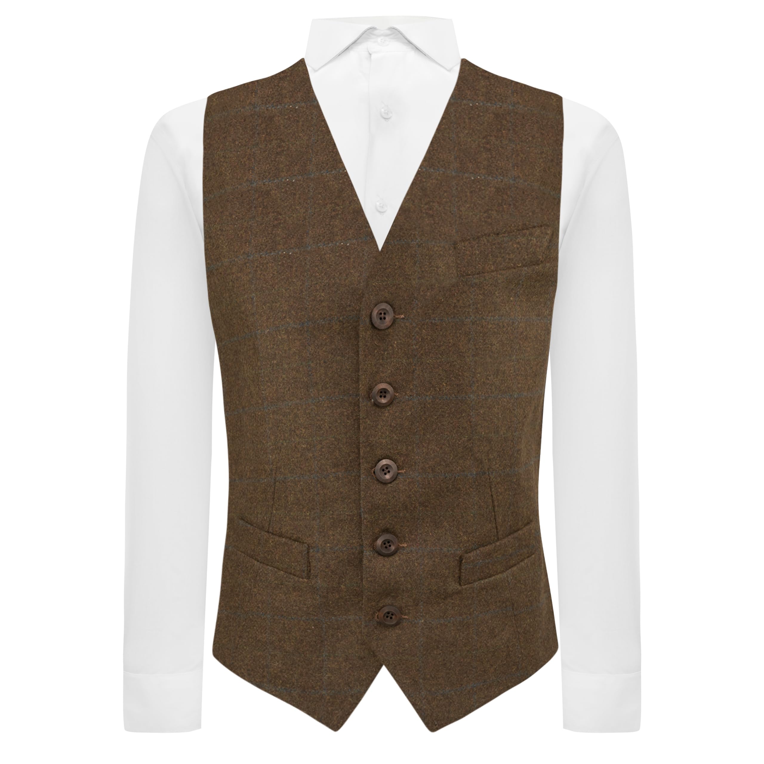 King & Priory Heritage Check Cedar Brown Waistcoat, Tweed, Tailored Fit (S)