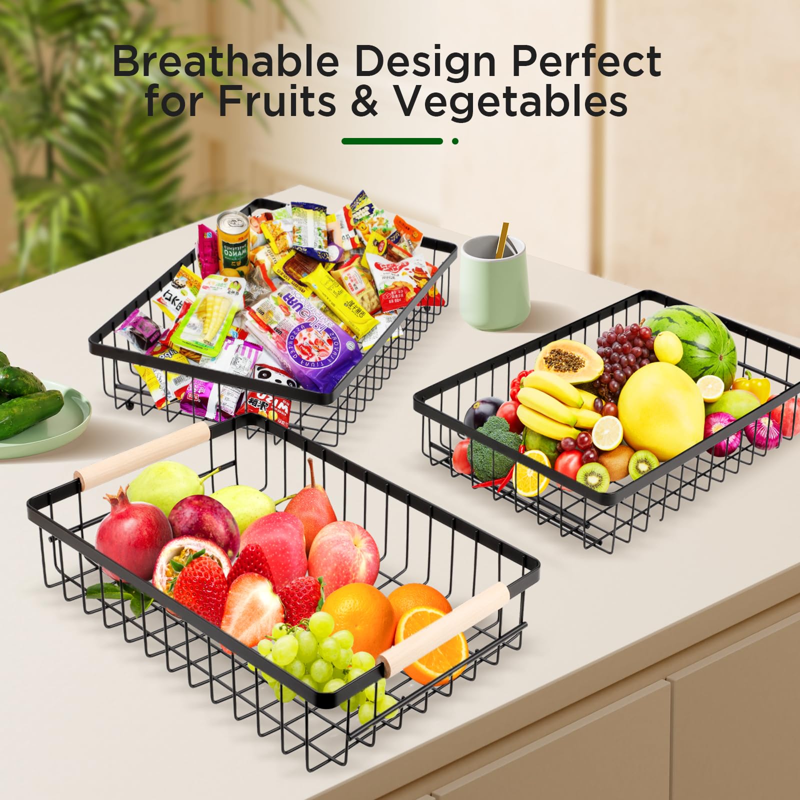 VINATO Frutero de 3 Niveles de Metal – Organizador Moderno con Asas de Madera, para Cocina, Baño & Más – Ideal para Frutas, Verduras & Almacenamiento, Negro