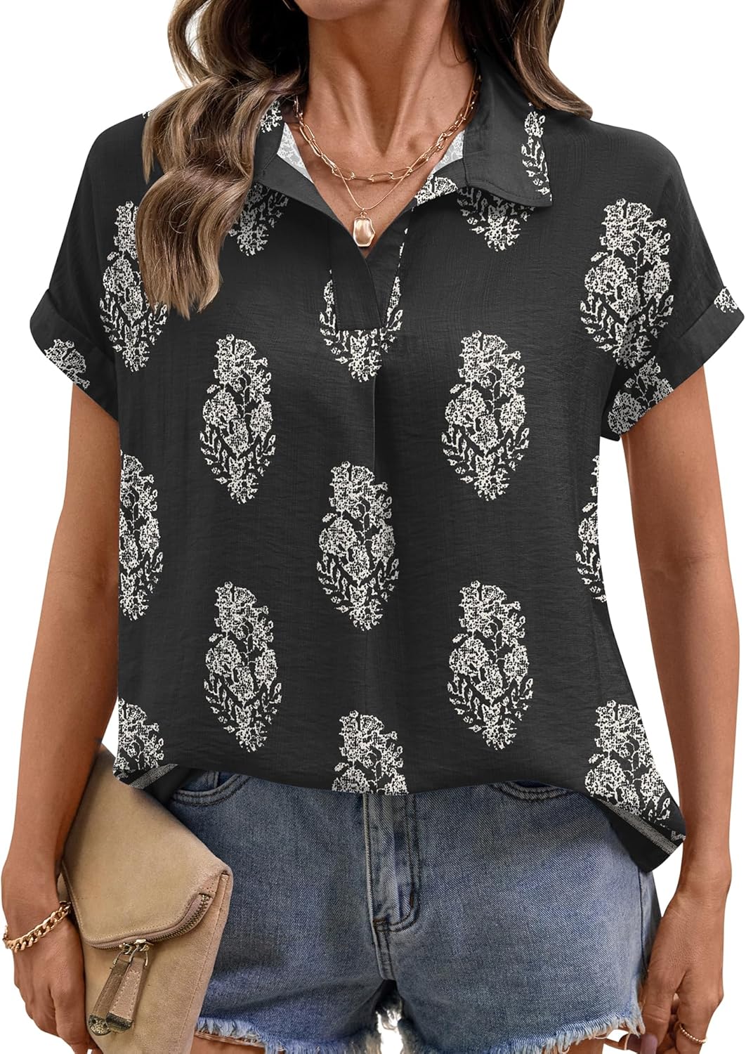 LOMON Women Blouses Spring Summer Tops for Women 2026 Short Sleeve V Neck Dressy Casual Collared Shirts Work Office - Image 2