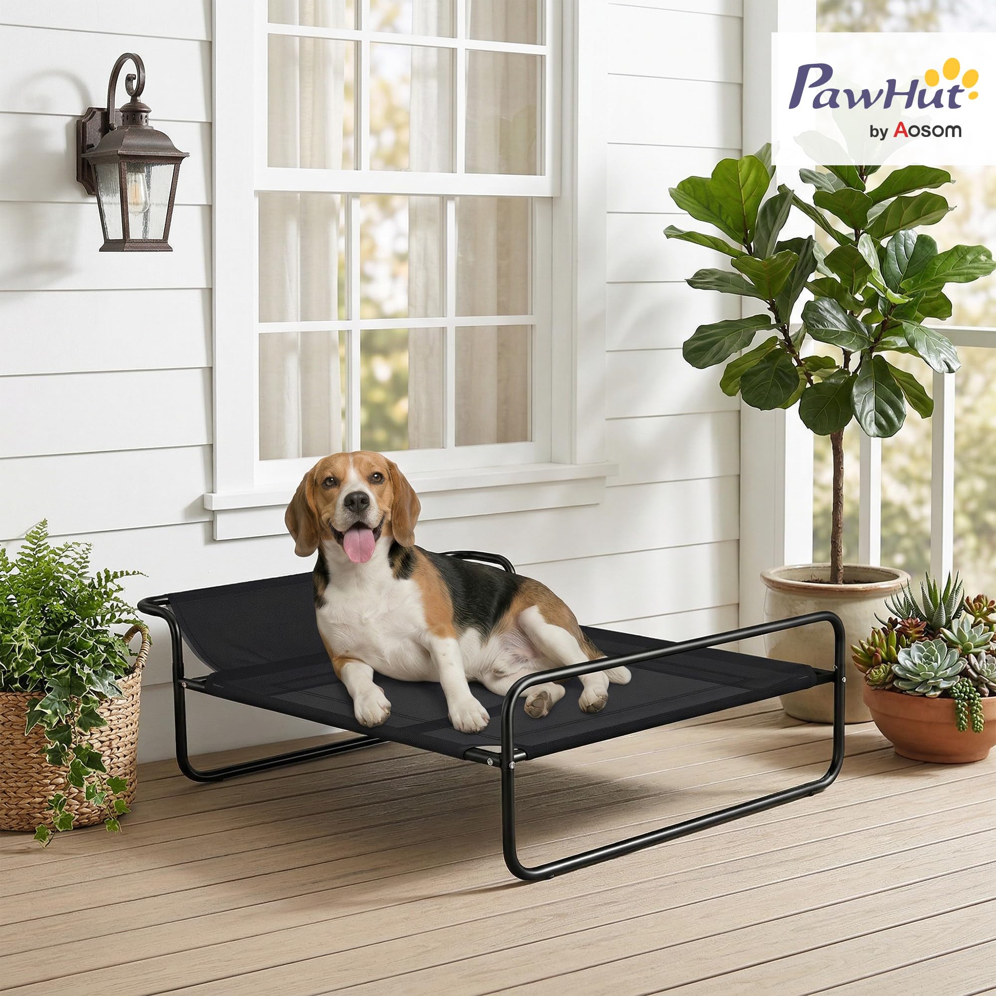 PawHut Cama Elevada para Perros, Refrescante y Transpirable, Cama para Perros Pequeños, 91x69x29 cm, Malla de Textilene, Reposacabezas Inclinado, Marco de Metal, para Interior, Exterior, Negro