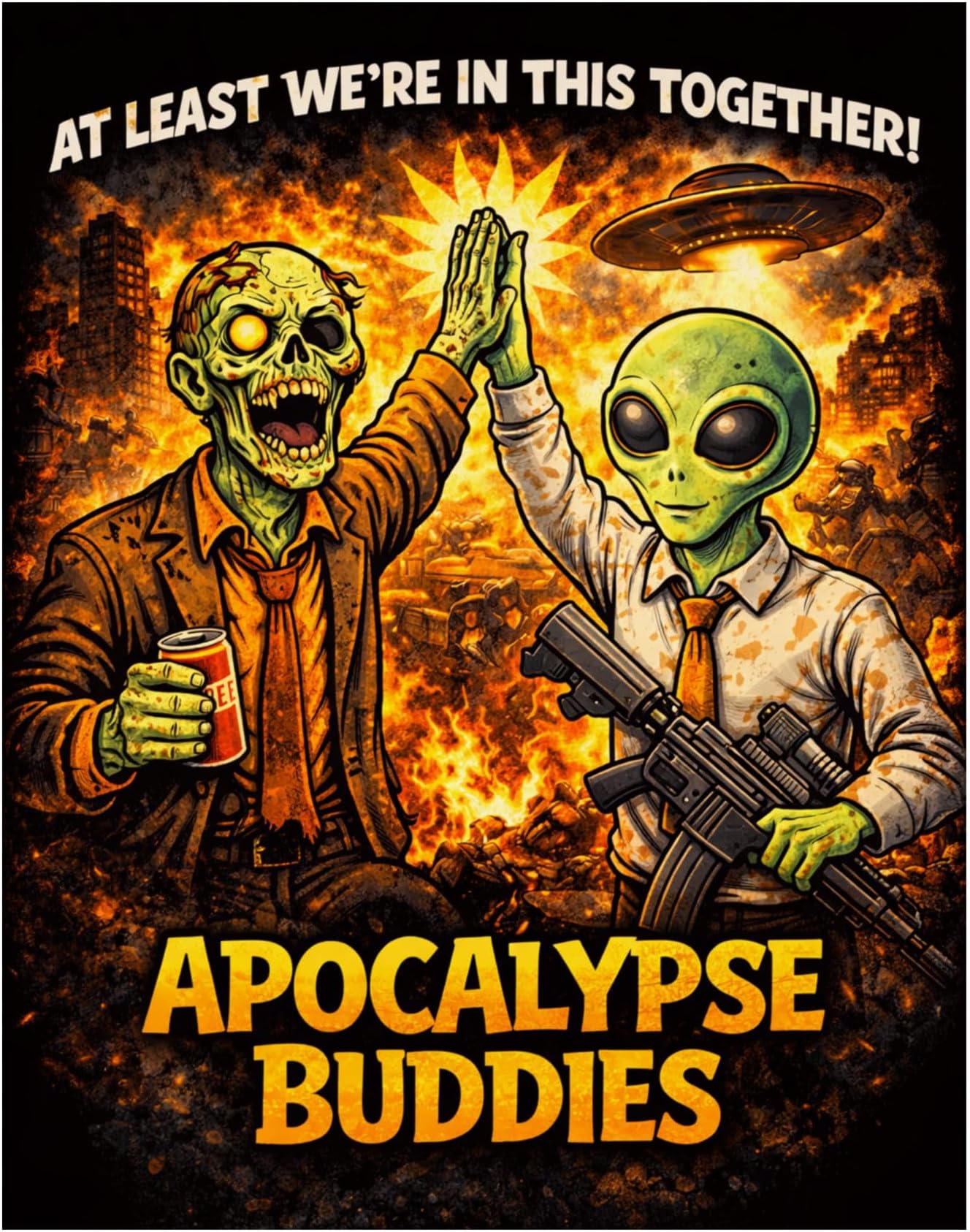- Apocalypse Buddies Matte Poster | Zombie and Alien High-Five, Sci-Fi Horror Wall Art