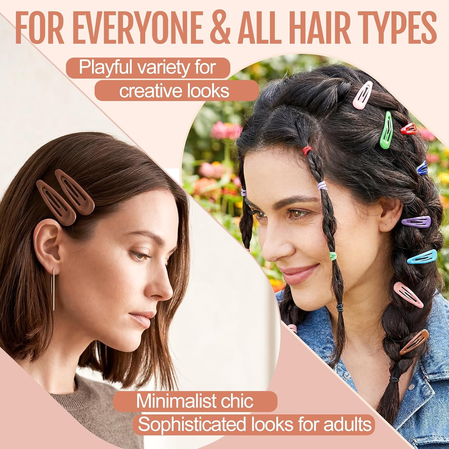 60 Pcs Metal Snap Hair Clips with Plastic Storage Box, 2 Inch Hair Barrettes for Women Girls, 10 Assorted Colors Non-Slip Metal Barrettes for Daily Hairstyling