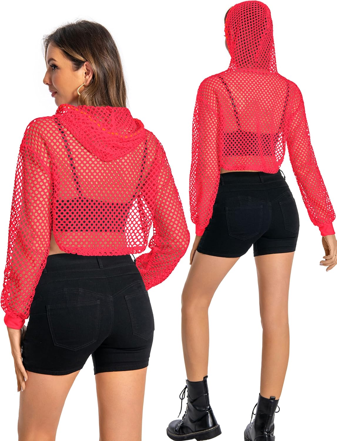 Women Mesh Crop Top Hoodie Fishnet See Through Long Sleeve Shirt Sheer Blouse for Club Party - Image 5
