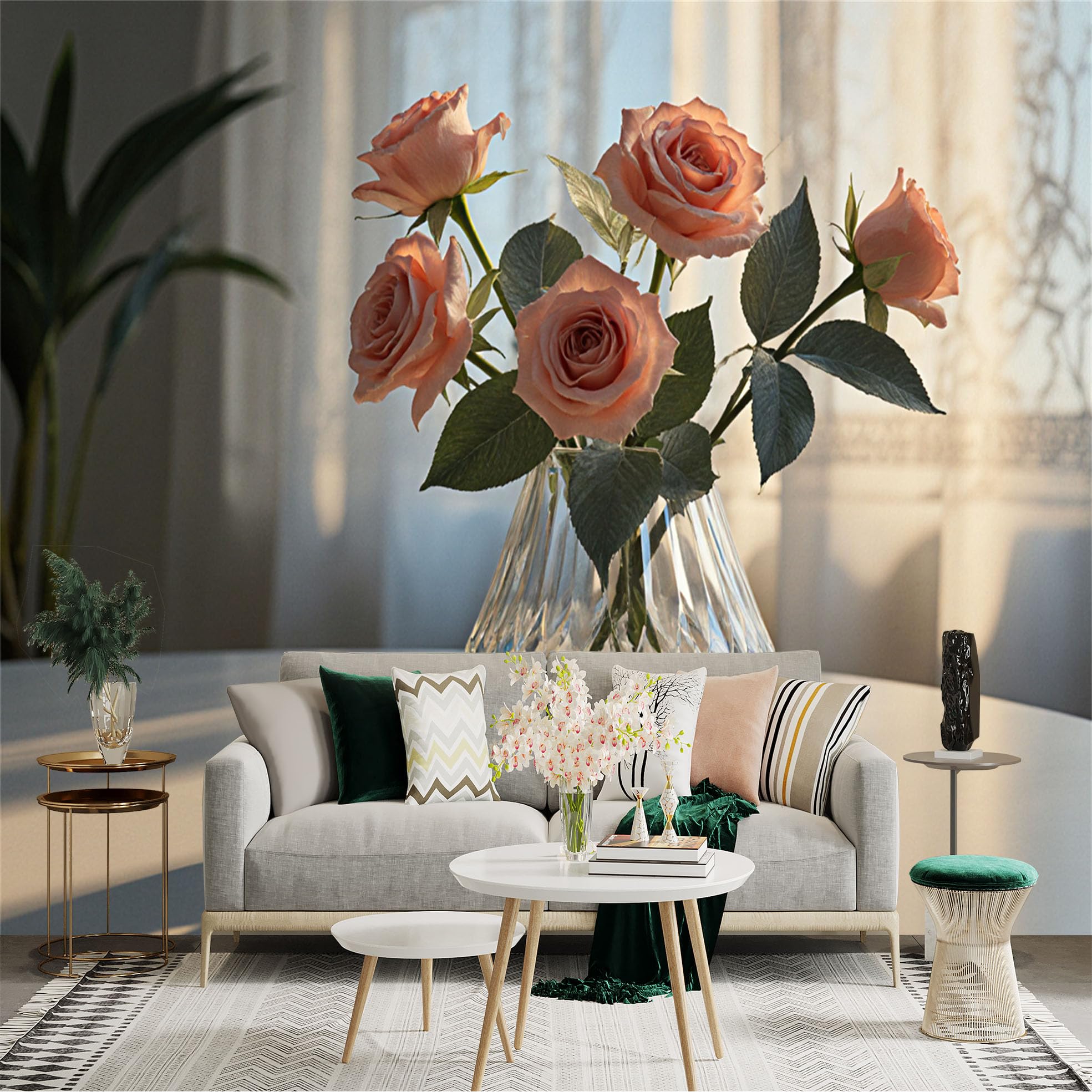 Custom Size Wall Sticker Mural， Elegant Peach Roses， Blooming Flowers in Crystal Vase， Soft Sunlight Aesthetic， for wall Decoration， peelandstick wall Decals.