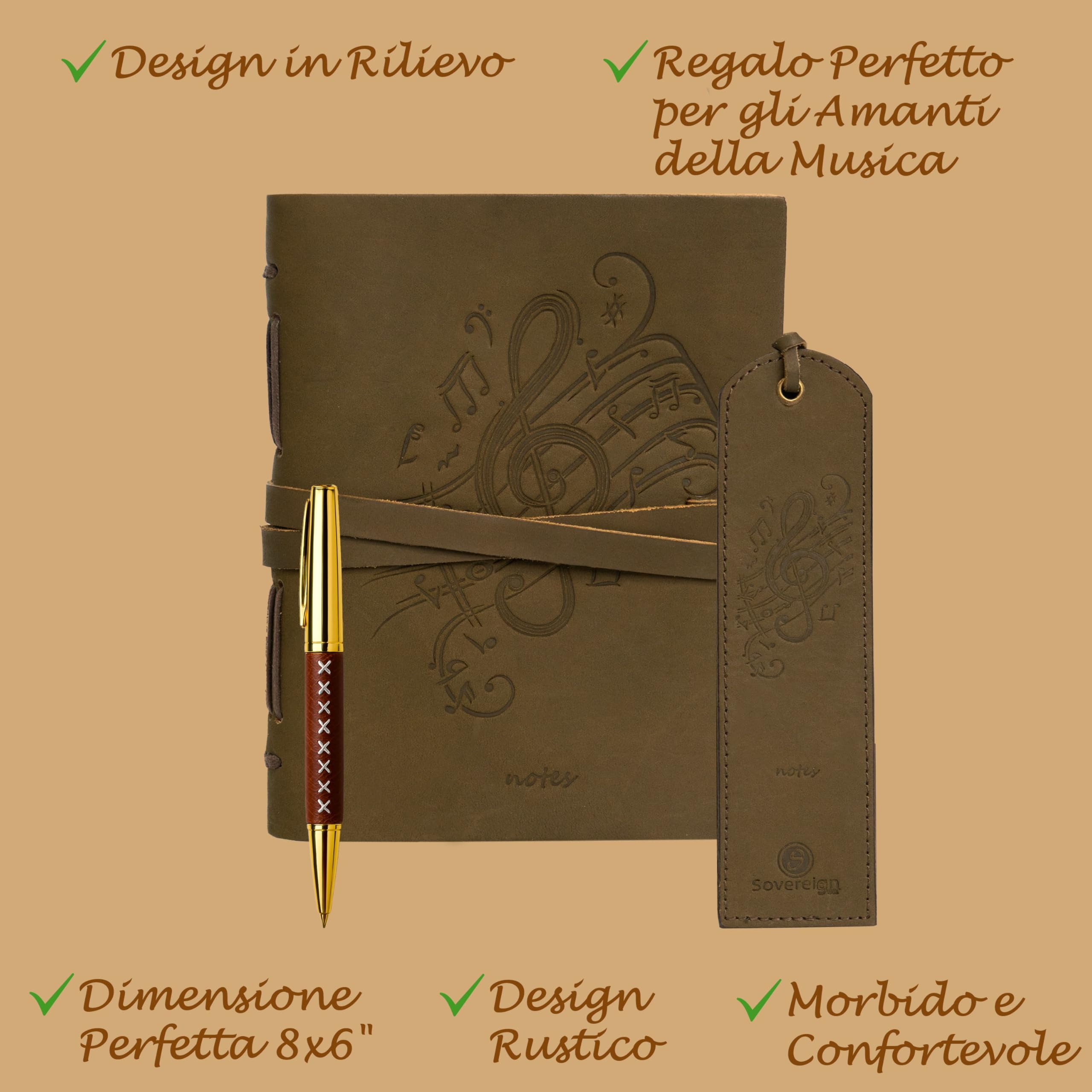 Leather Journal Embossed Music Gift Set + Antique Leather Bookmark + Pen, Handmade Writing Notebook 8x6 Inches Unlined Leather Bound Daily Notepad For Men For Women, Luxury Gift Box Diary for all ages