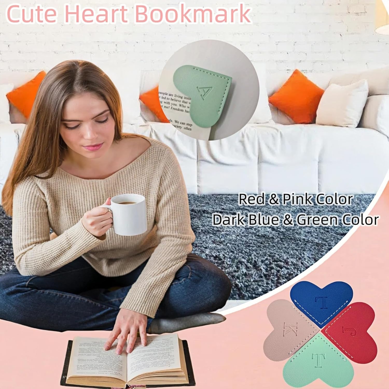 Personalized Leather Heart Bookmarks with Initials, 26 Letters Custom Corner Book Mark for Reading Women,Teacher, Student, Book Lovers Book Marker, Meaningful Gifts (Red+Pink,B) - Image 5