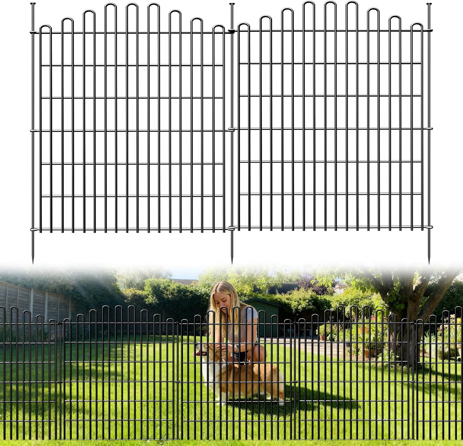 No Dig Fence Outdoor for Yard, 5 Pack 33in H x 11.8ft L Decorative Garden Fence, Metal Dog Fence Animal Barrier with 41in Stakes, 12in In-Ground Depth, Rustproof Picket-Style Fence Panels