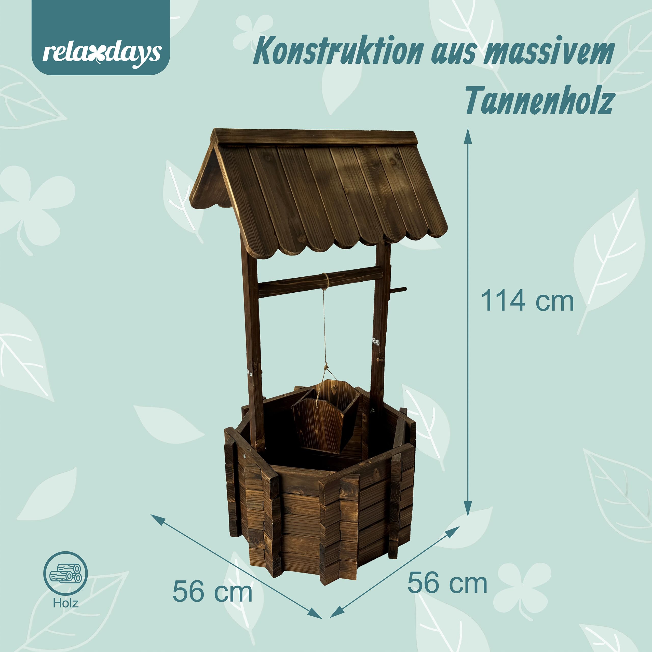 Relaxdays Zierbrunnen, bepflanzbarer Dekobrunnen, Gartendeko, Eimer & Kurbel, HBT 114 x 56 x 56 cm, Holzbrunnen, braun