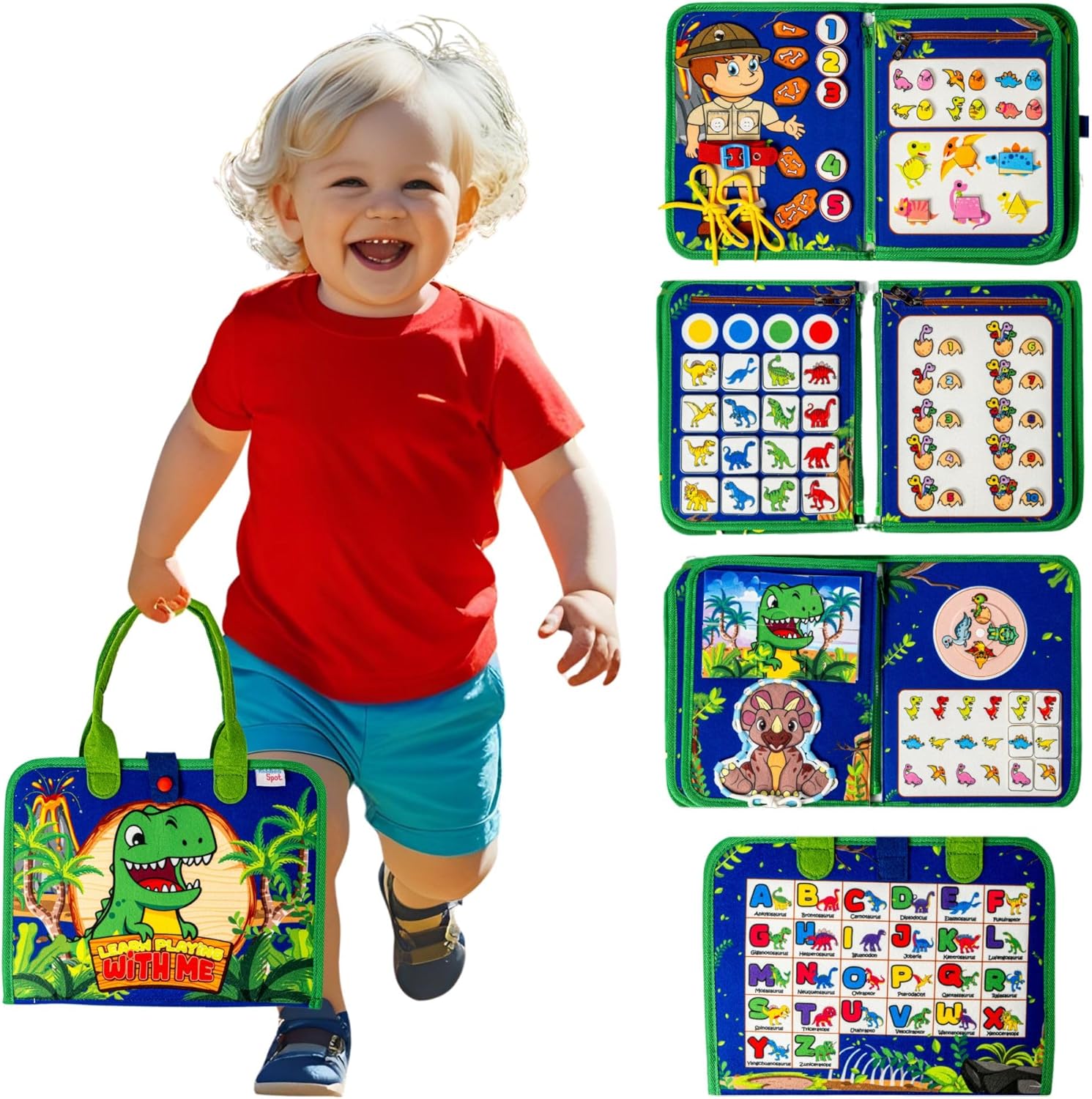 Toddler Busy Board, Sensory Busy Book, Montessori Toy, Educational Activities for Learning Fine Motor Skills, Travel Kids Activity for Car Airplane, Toddler Gifts, Blue Dinosaur