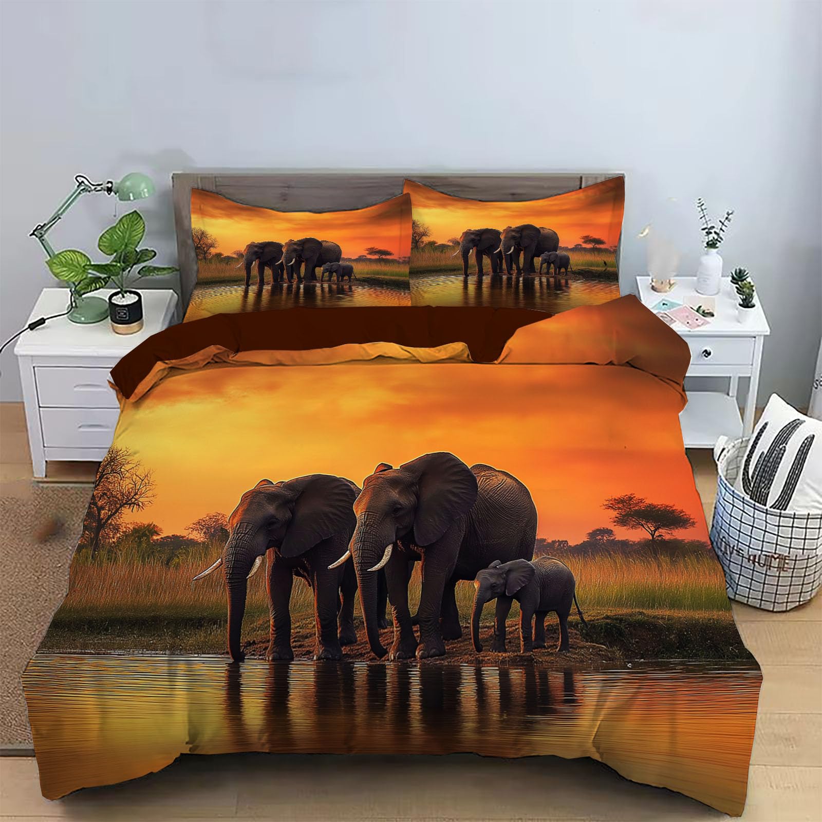 Housse de couette 200x200cm éléphant microfibre parure de lit 2 personnes avec taies 65x65
