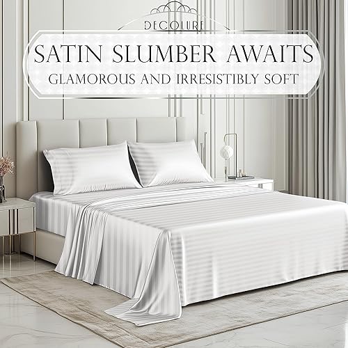 Miniatura 2 de DECOLURE Juego de sábanas de satén a rayas tamaño Queen de 4 piezas, lujosas sábanas de tacto de seda Queen  Sábanas de satén sedosas suaves de