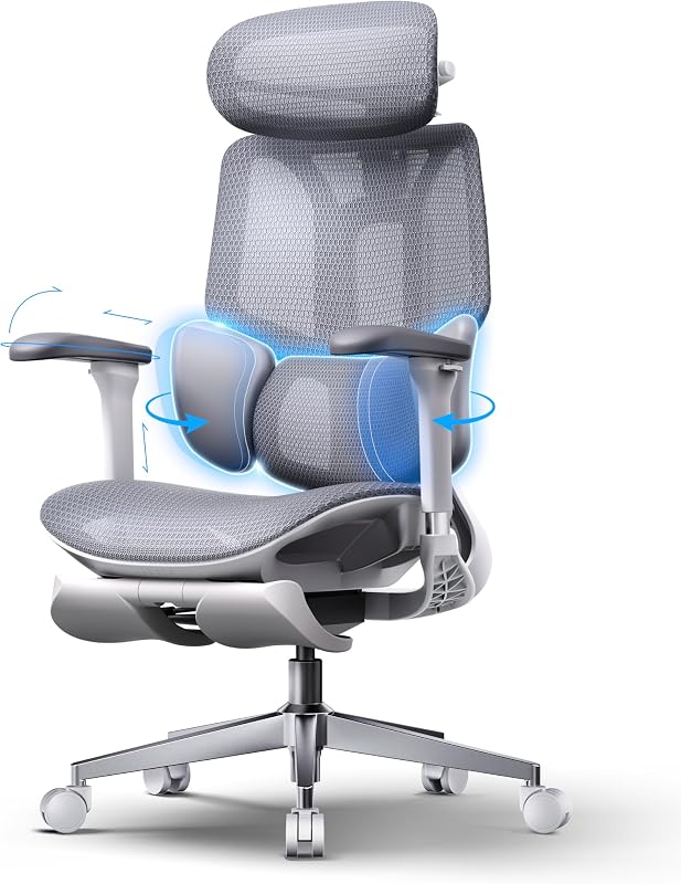 E3 Air 2026 Ergonomic Office Chair, 3-Zone Lumbar Support, Comfy Home Office Chair with Auto Recline, 4D Headrest & Armrests, 140° Tilt for Work & Relax, Grey with Footrest