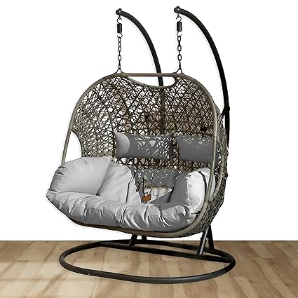 Hindoro Rattan Wicker Wrought and Cast Iron Outdoor Patio Furniture Double Seater Swing for Adults & Kids with Stand and Cushion, 2 Person, Dark Brown Swing with Grey Cushion